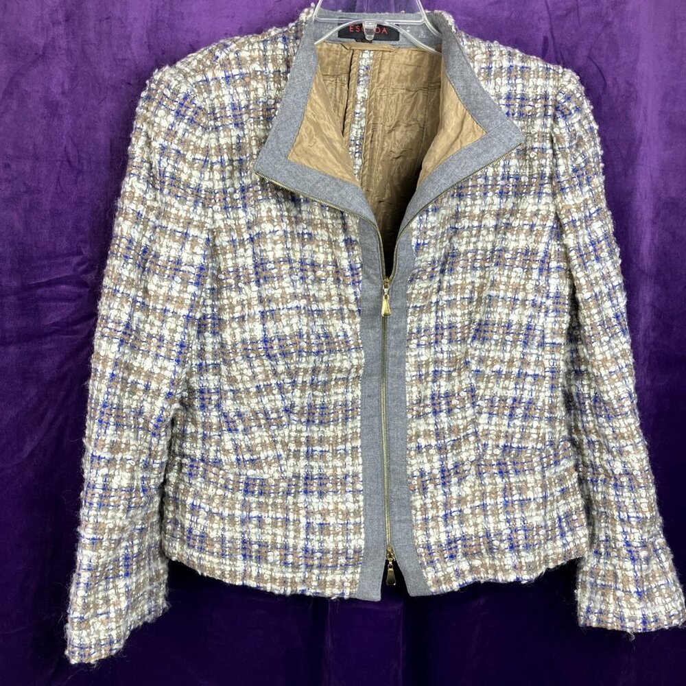 12 Escada Tweed Double Zip Business Jacket Gray Blue White